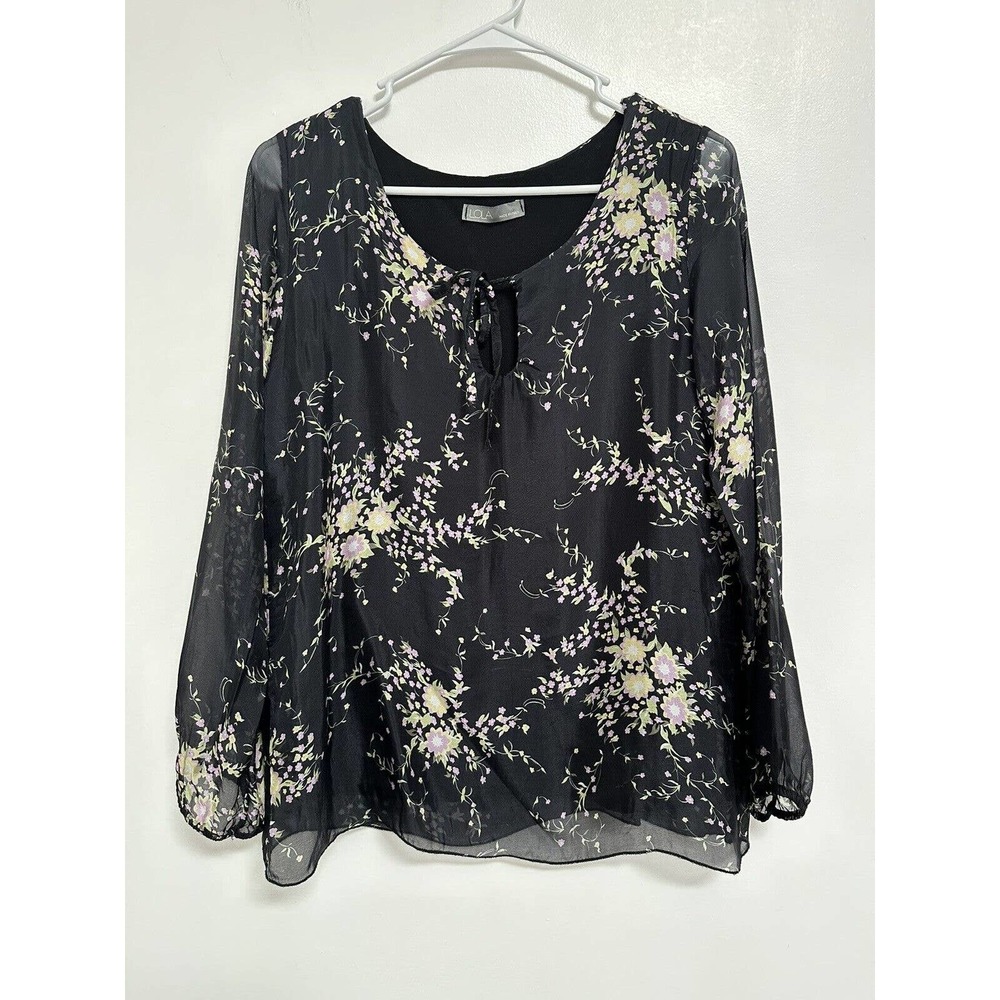 LOLA Women Top Silk Blend Floral Sheer Sleeves Peasant Boho Lined